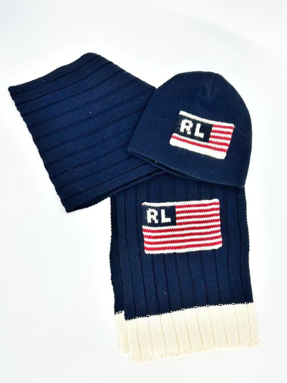 Polo Jeans Co Ralph Lauren Knit Hat & Scarf Set Navy Blue & Cream American Flag
